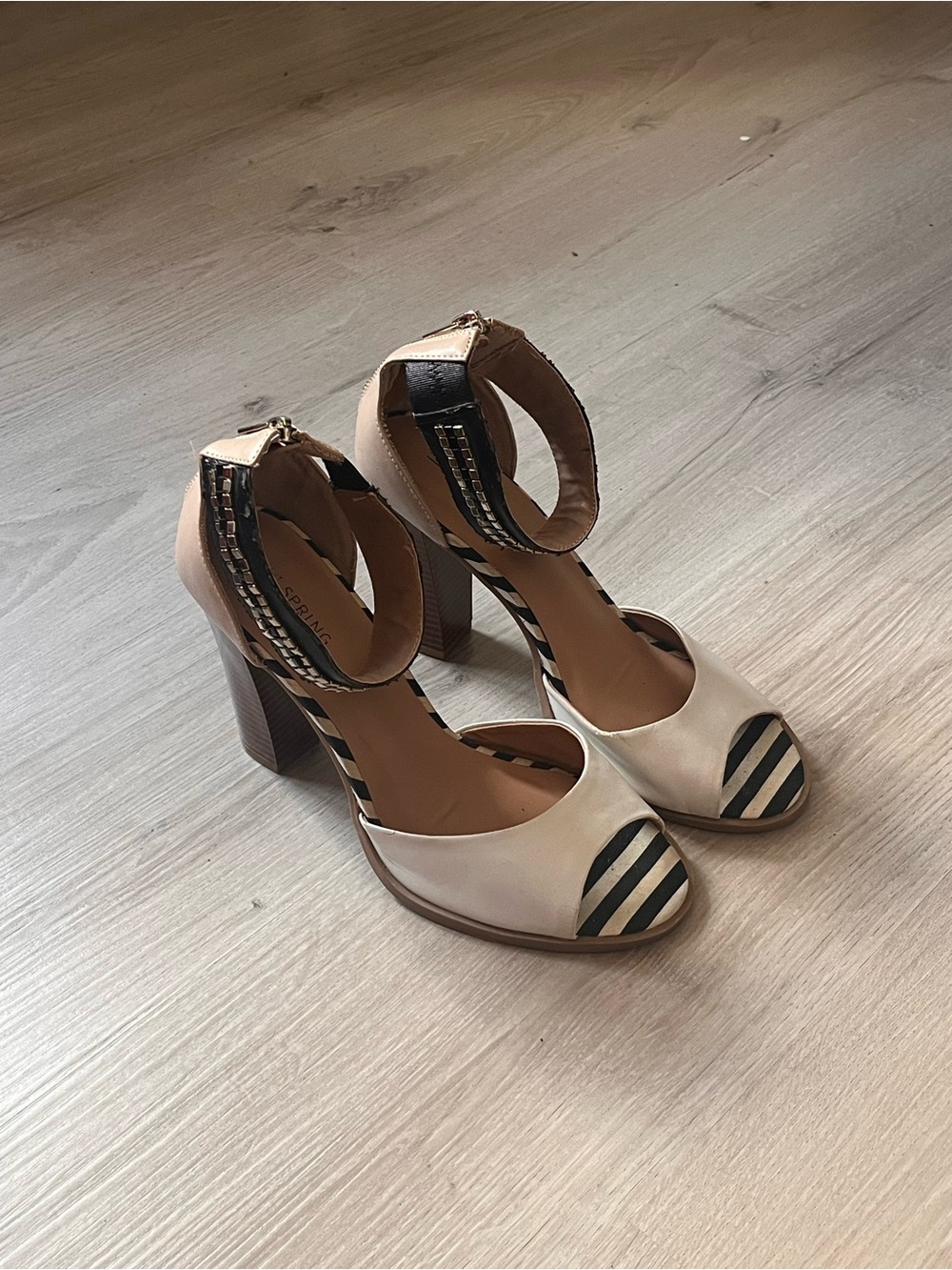 Call It Spring Block Heel Silver Studded Ankle Strap - Beige with Black Stripes